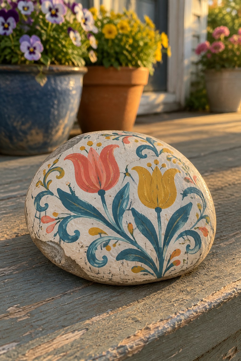 Painted stone with red and yellow tulips and blue swirls on wooden deck
