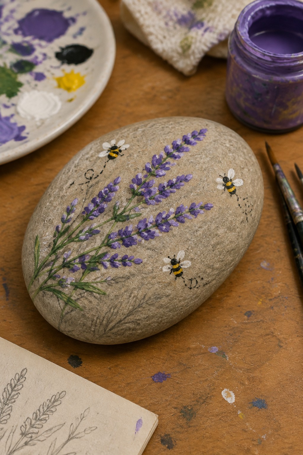 Painted gray stone with purple lavender sprigs and three bees amid art supplies
