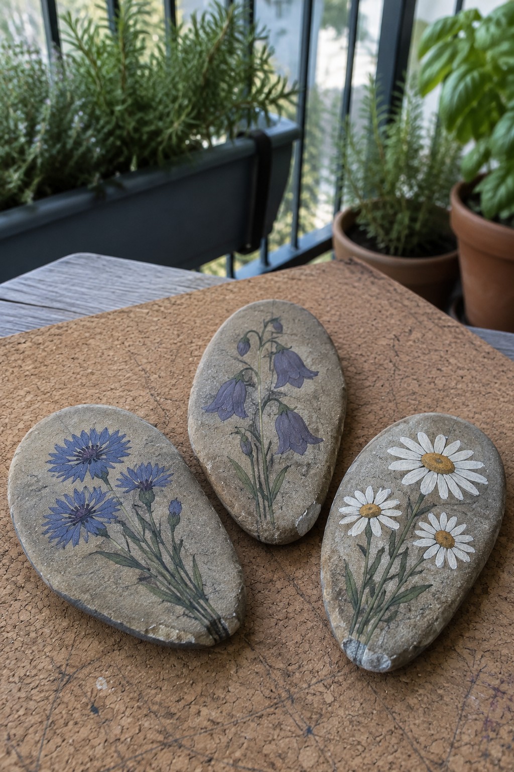 Three painted stones with blue flowers, purple bells, and white daisies on textured surface amid plants