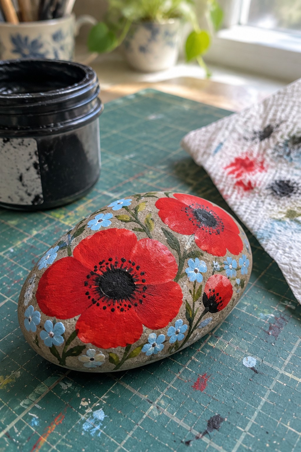 Painted rock with red poppies and blue flowers on green mat beside paint jar