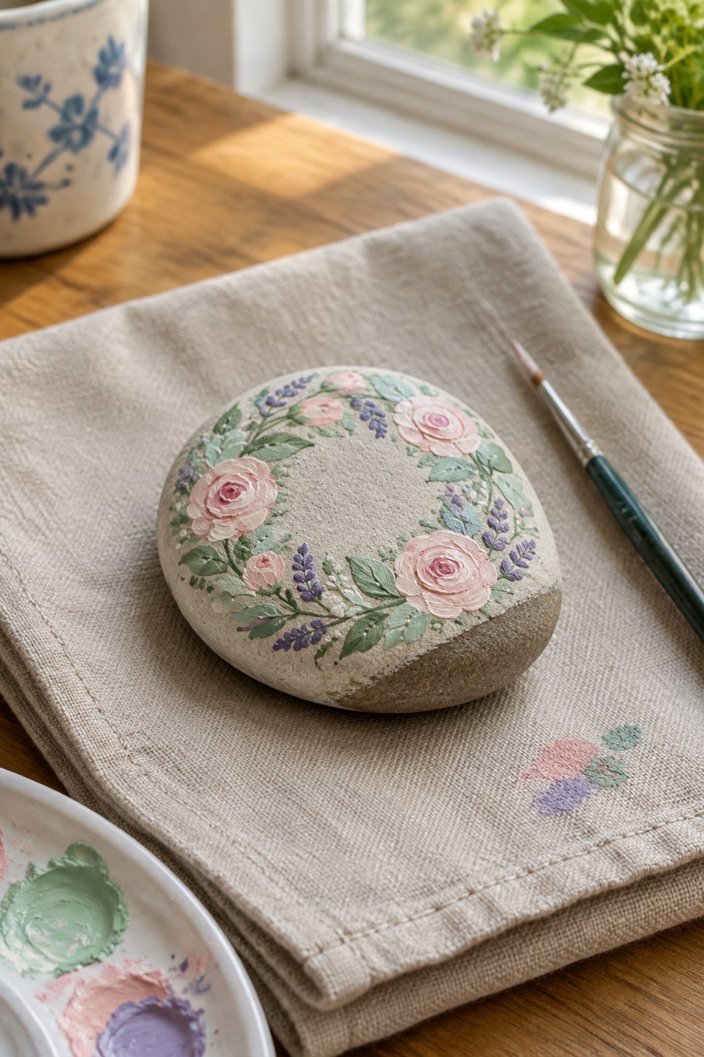 Painted stone with pink roses and lavender wreath on beige linen beside paintbrush