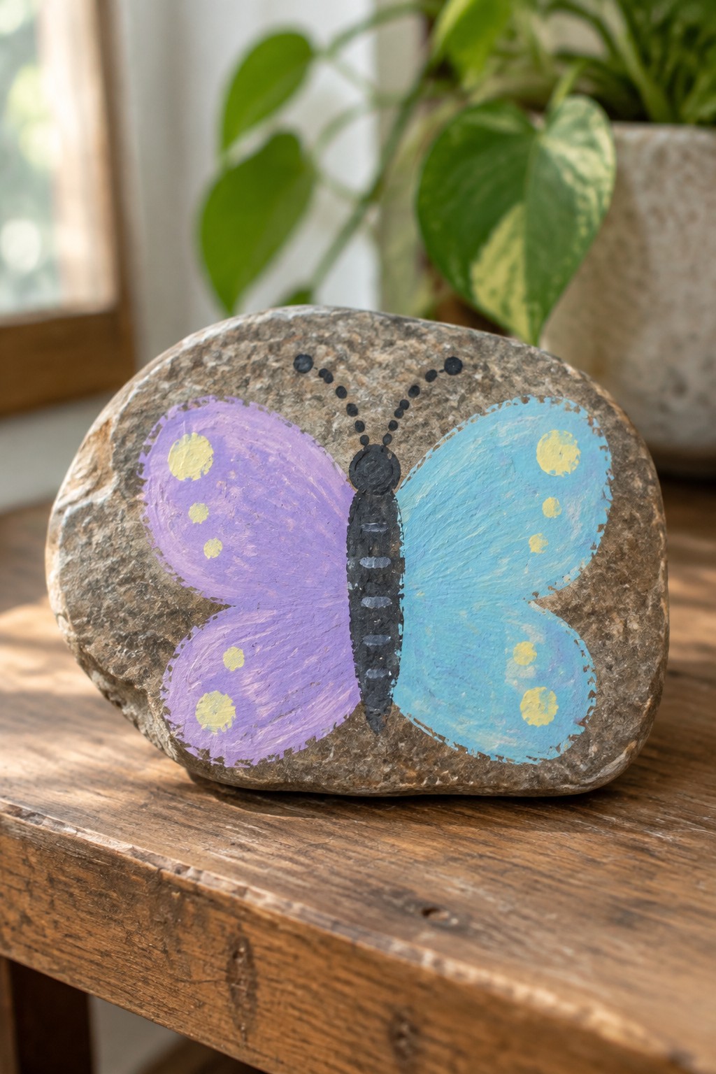 Painted rock butterfly with purple and blue wings dotted yellow on wood