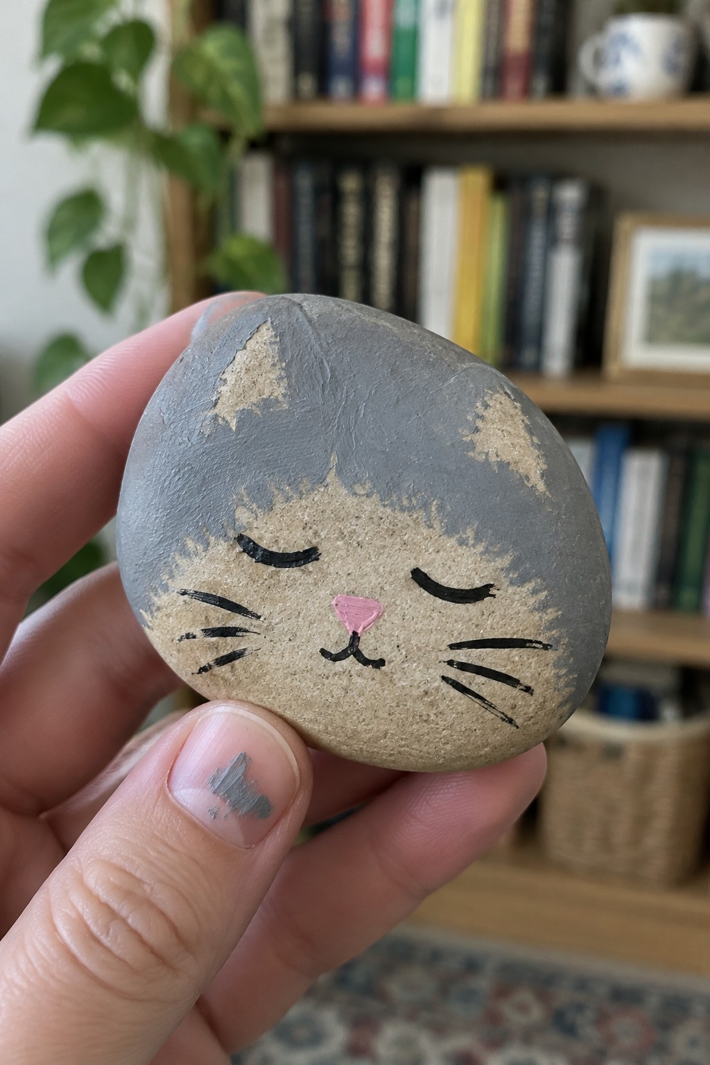 A hand holds a small rounded gray rock painted with a cat face showing closed eyes, whiskers, and a pink nose.