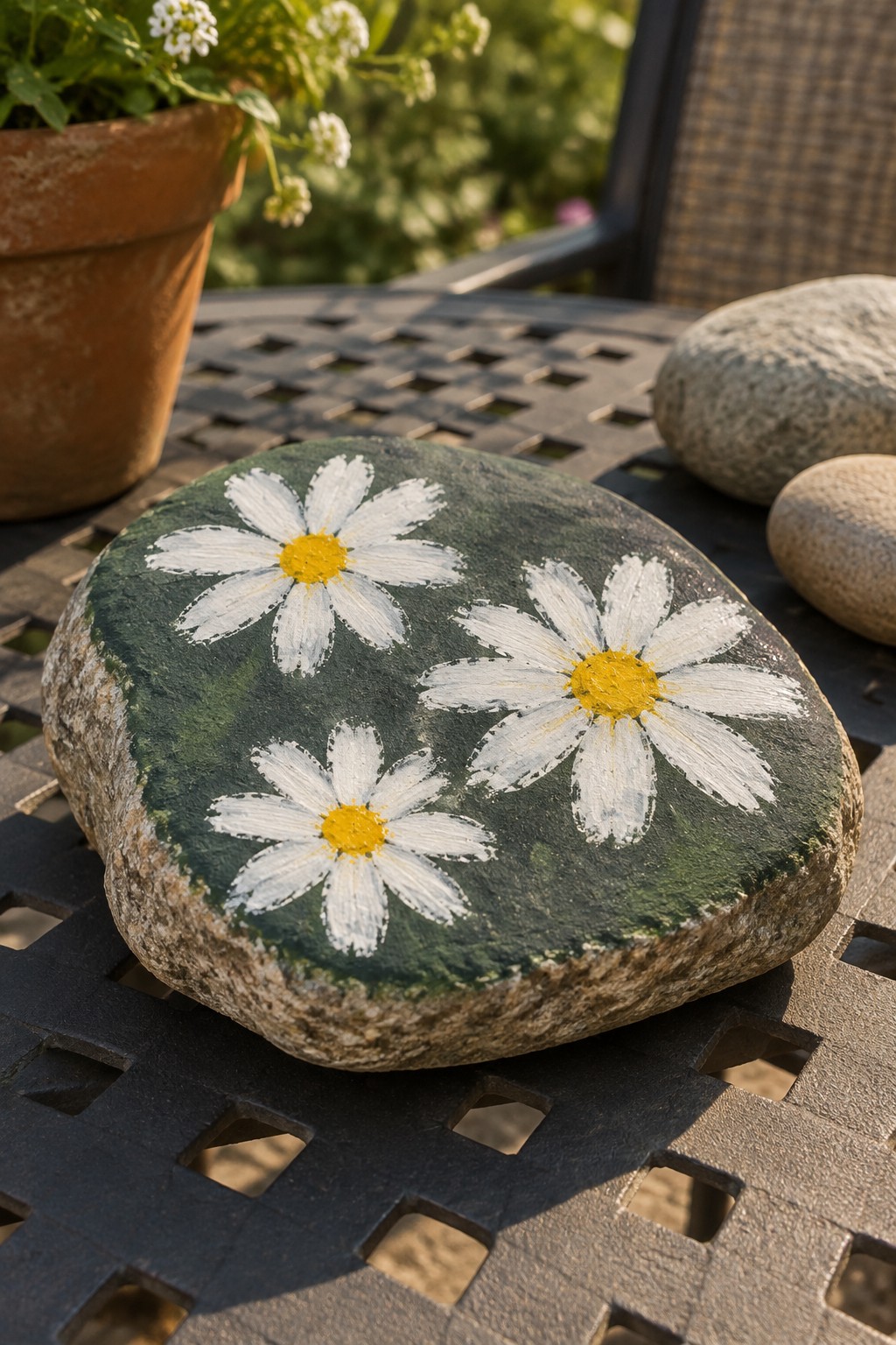 Green rock painted with three white daisies and yellow centers on metal table
