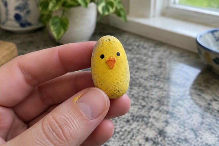 19 Cute Rock Painting Ideas Easy Enough for First-Time Painters Hand holding small yellow painted rock as chick with black eyes and orange beak