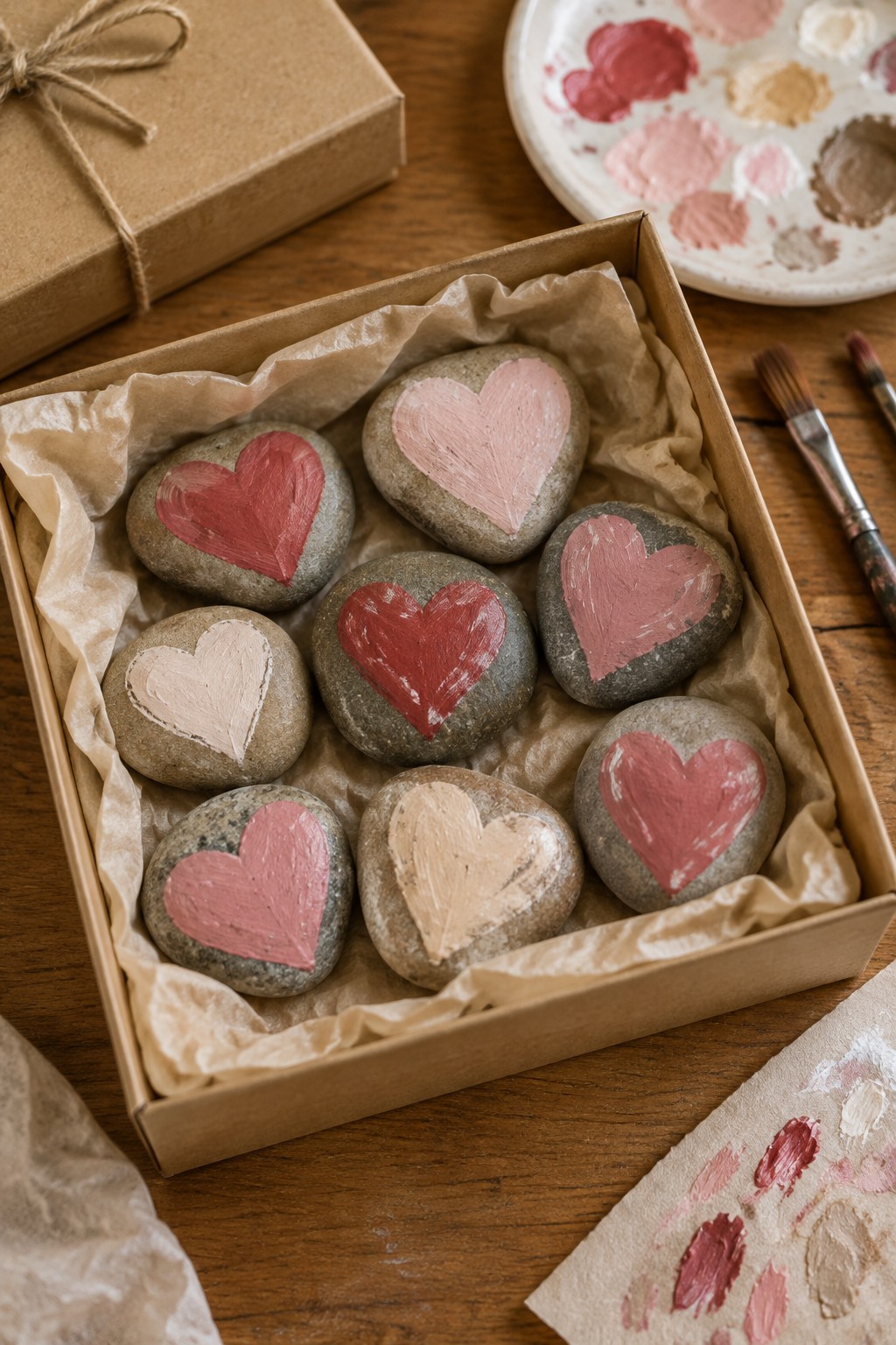 Open box of smooth stones painted with hearts in pink and red shades on wood.