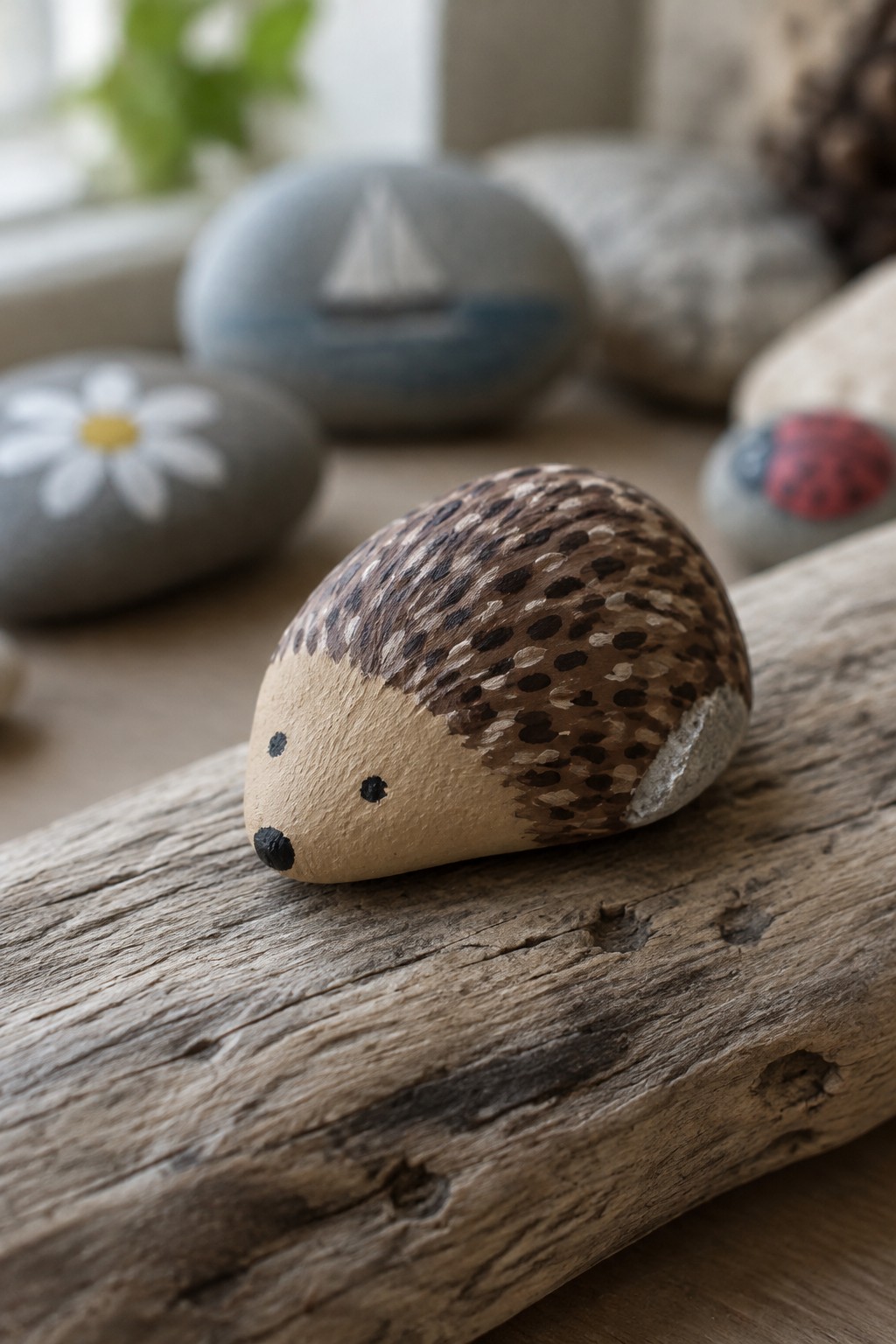 Painted hedgehog rock with spotted back on driftwood amid other stones.