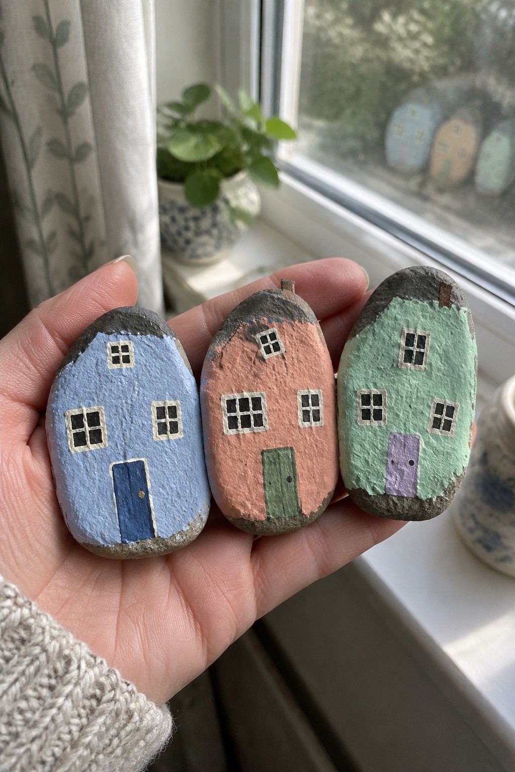 Three small smooth rocks painted as colorful cottages with windows and doors held in a hand near a window.