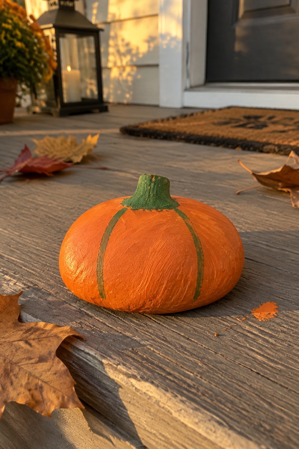 Small painted orange pumpkin with green stripes on wooden porch amid autumn leaves