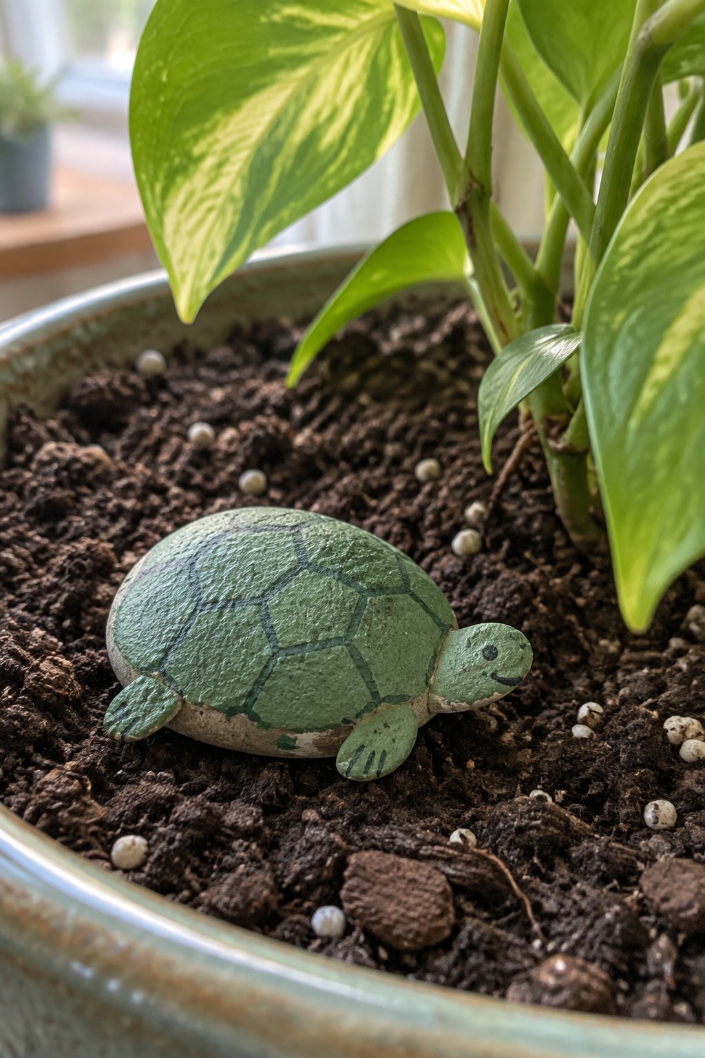 Green painted turtle figurine in soil of potted plant with variegated leaves.