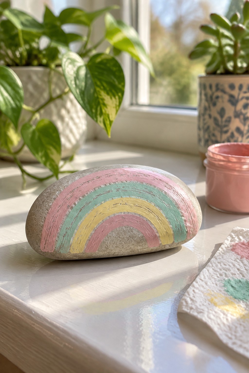 Painted rock with pastel rainbow on sunny windowsill beside potted plants