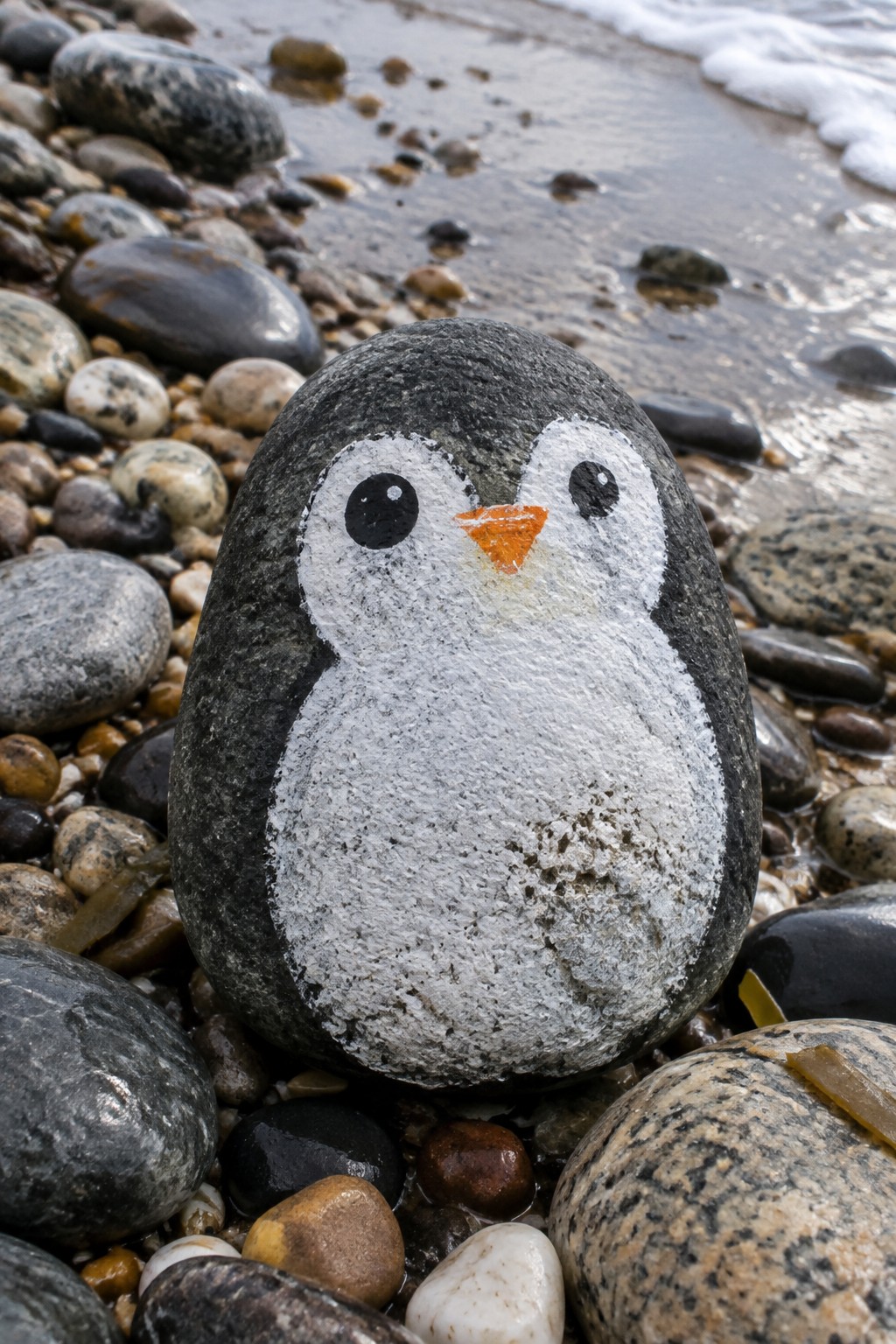 Painted penguin rock with black body, white face, orange beak on pebble beach
