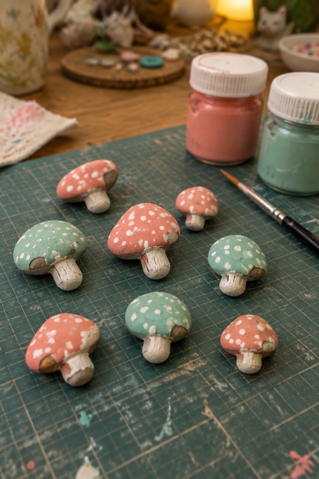Hand-painted pink and green mushroom figurines on a green cutting mat with paints and brush