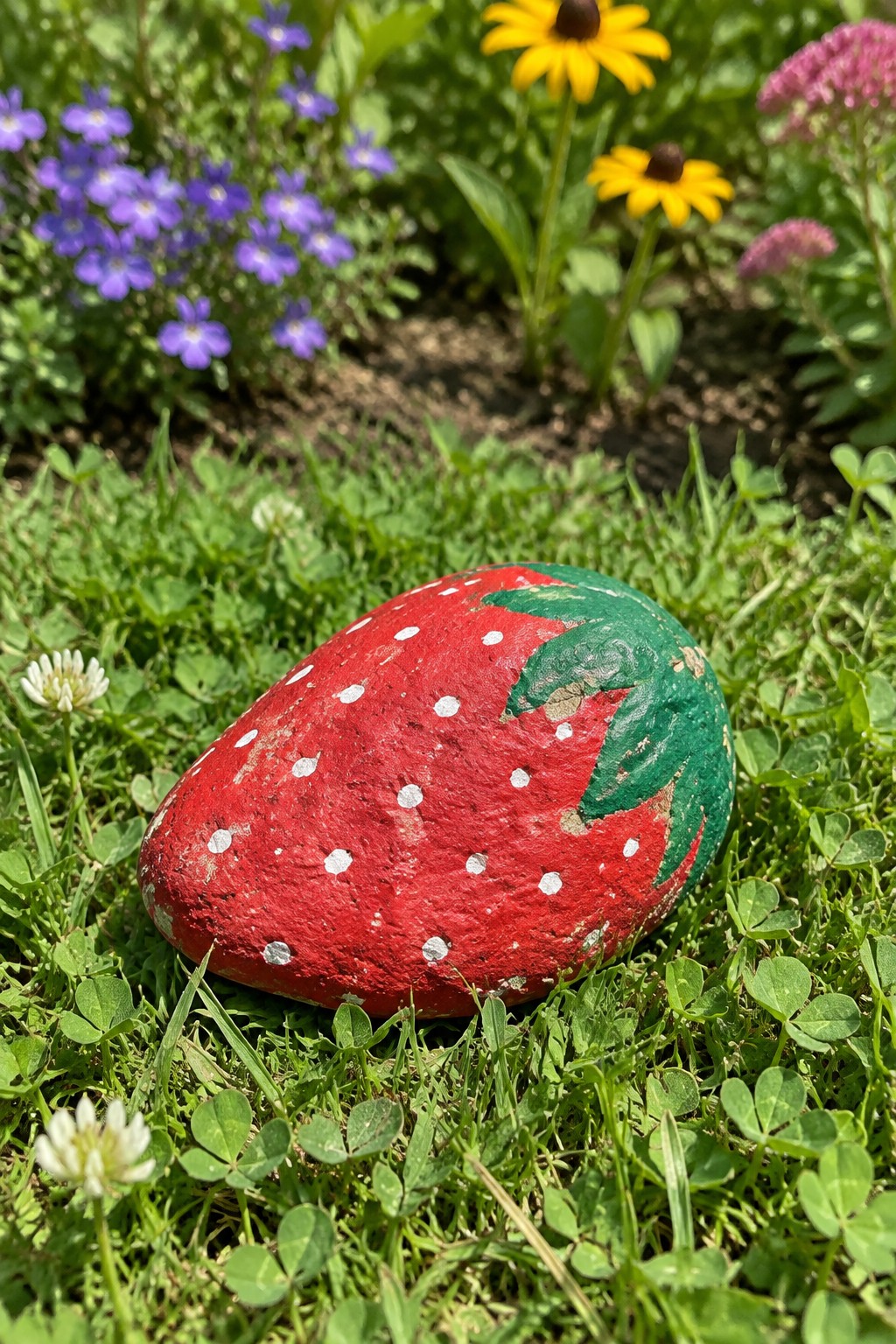 Red strawberry-painted rock with white dots and green leaves on grass amid garden flowers