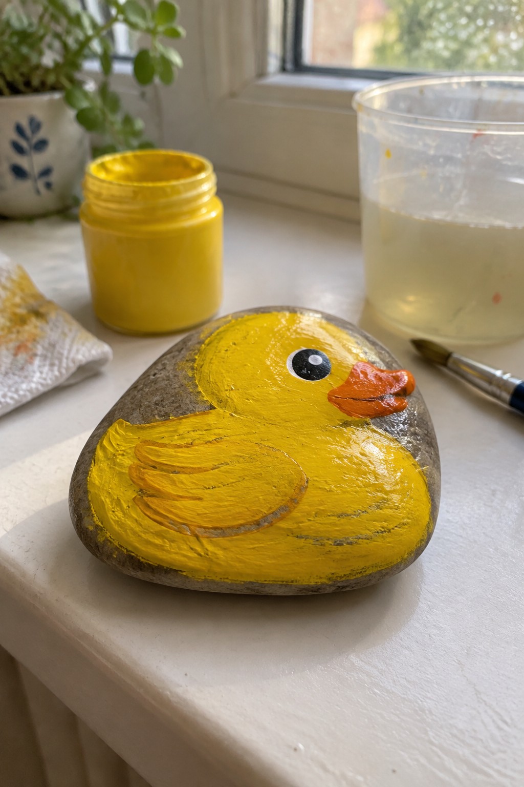 Yellow duck-painted rock on windowsill beside open yellow paint jar and brush