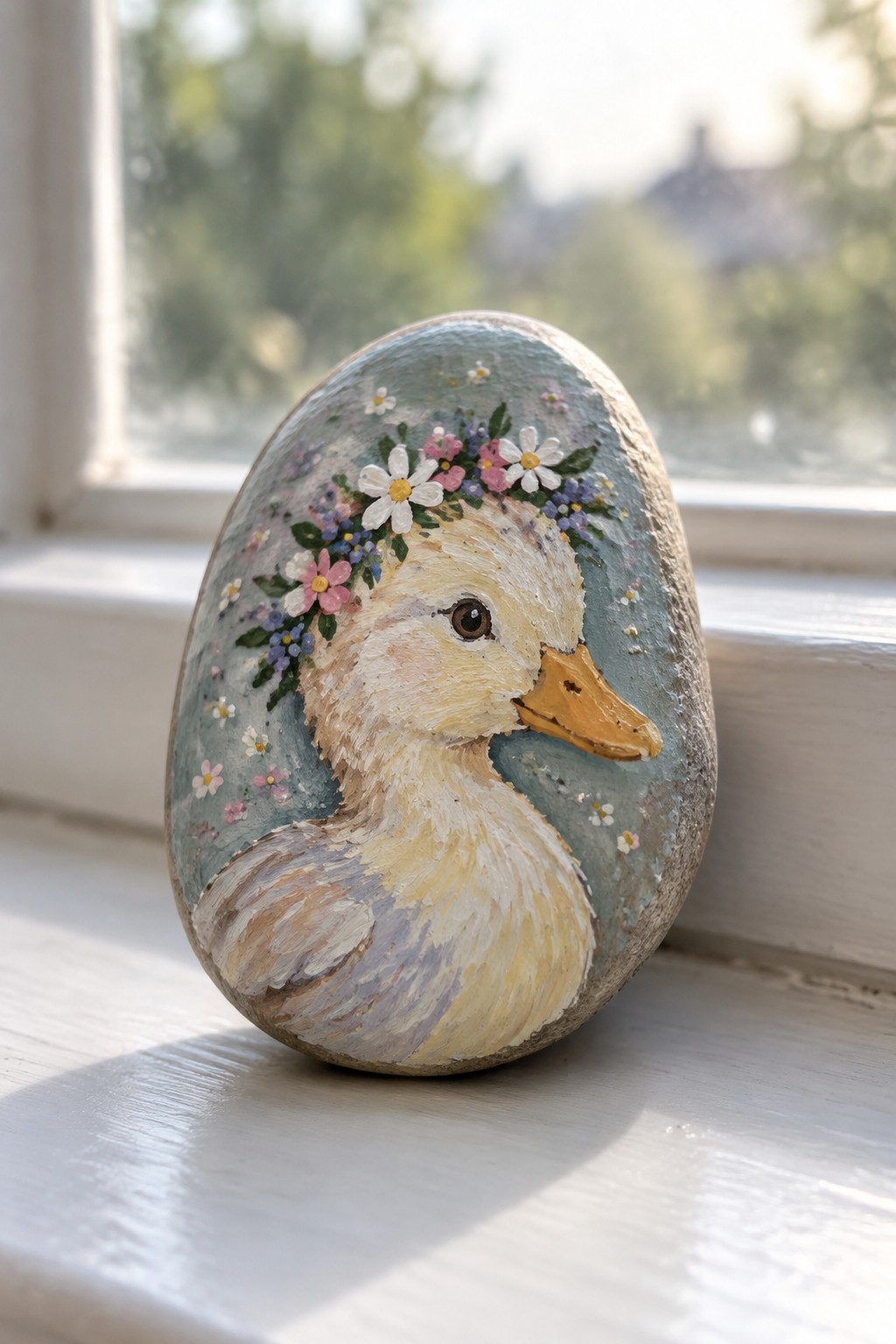 Painted rock of duckling with flower crown on white windowsill ledge