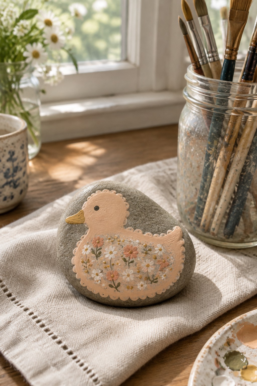Painted duck stone with flowers on linen beside paintbrush jar on wooden table