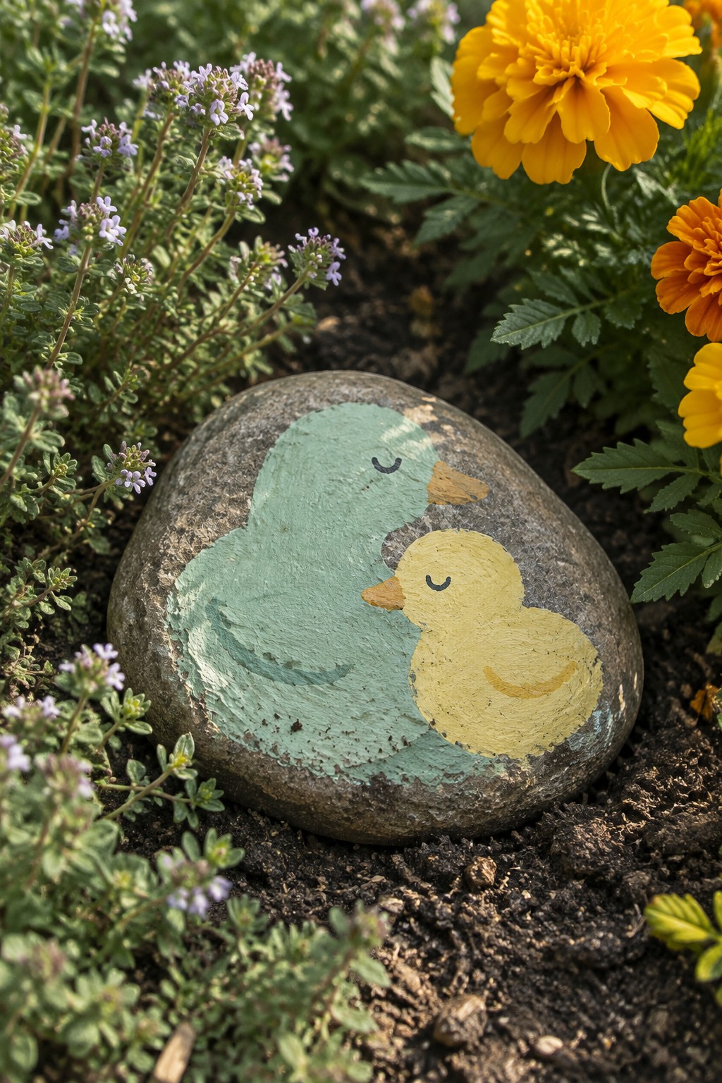 Painted rock with large teal duck and small yellow duckling among garden flowers.