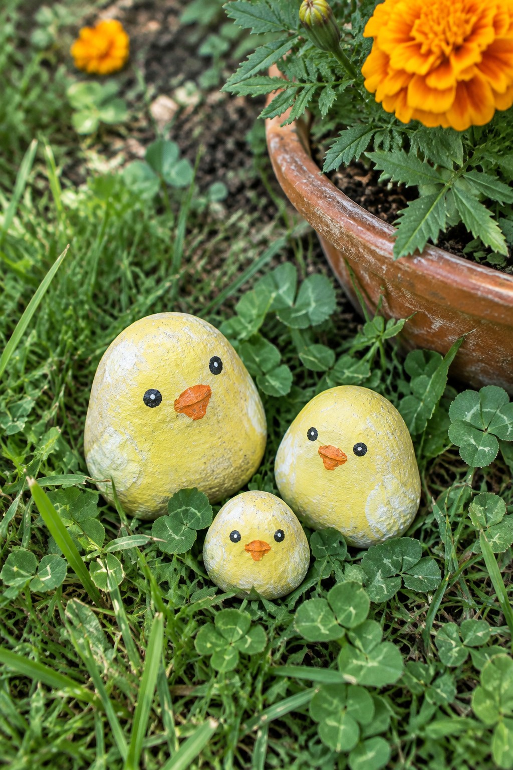 Three yellow painted chick rocks on grass beside orange marigold in pot