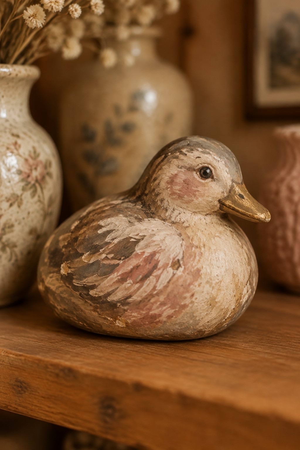 Weathered wooden duck figurine with gold beak on rustic wooden shelf
