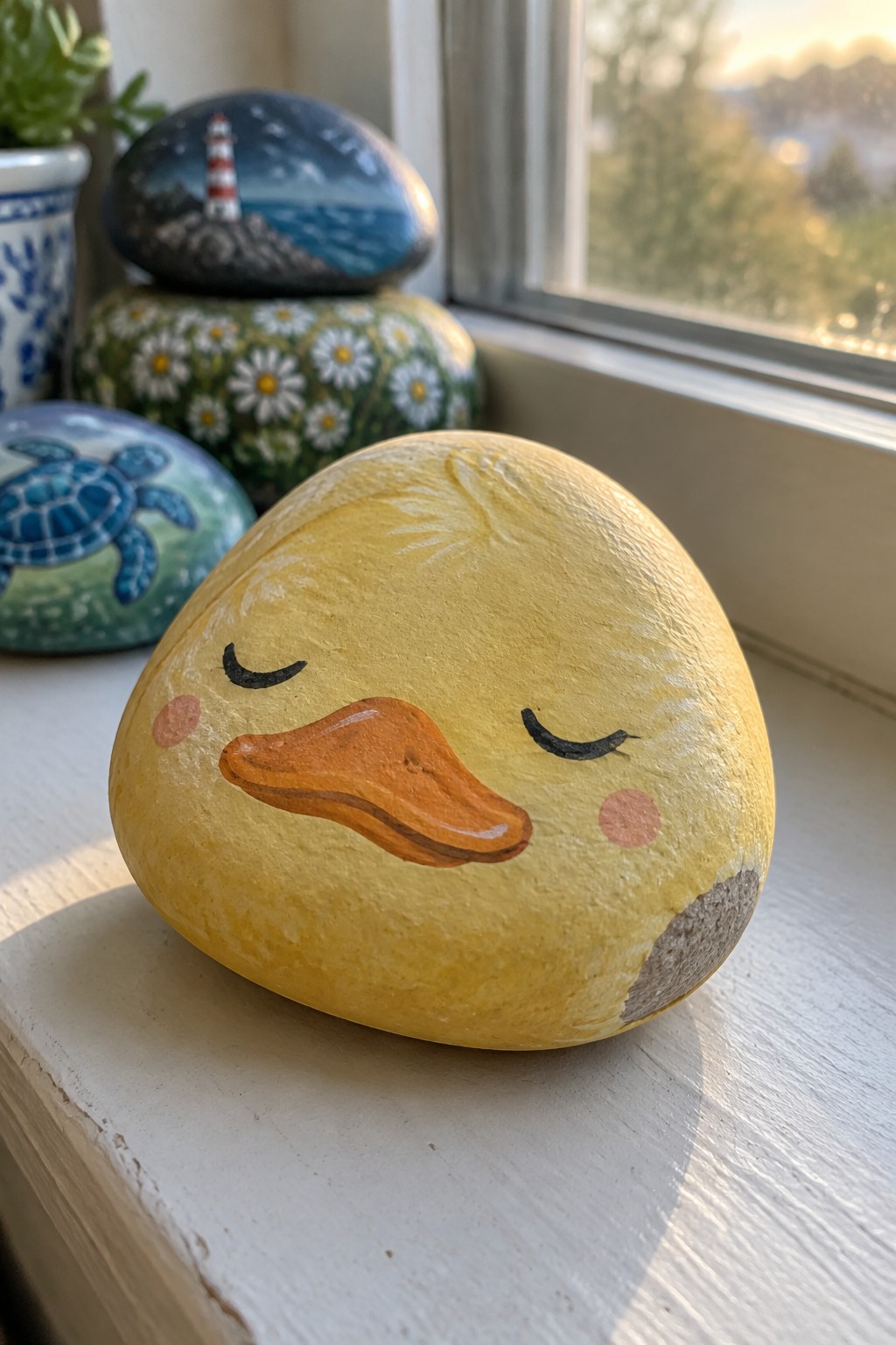 Yellow duck painted rock on windowsill with lighthouse, turtle, and floral rocks behind
