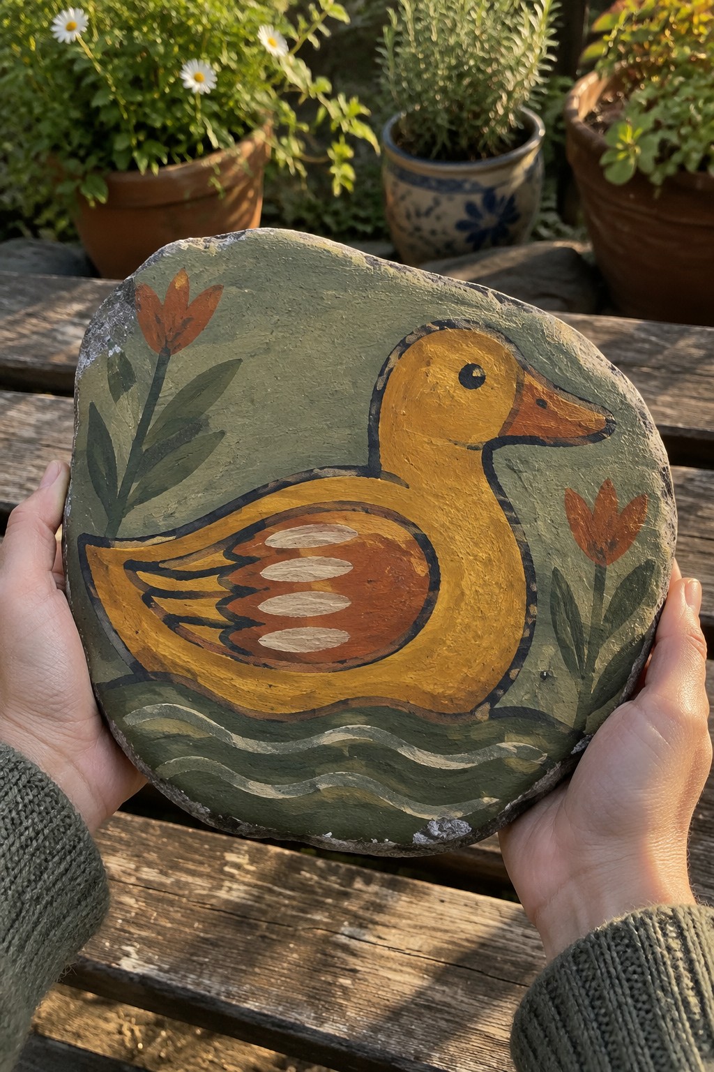 Hands in green sweater holding painted stone with yellow duck, orange flowers, and waves.