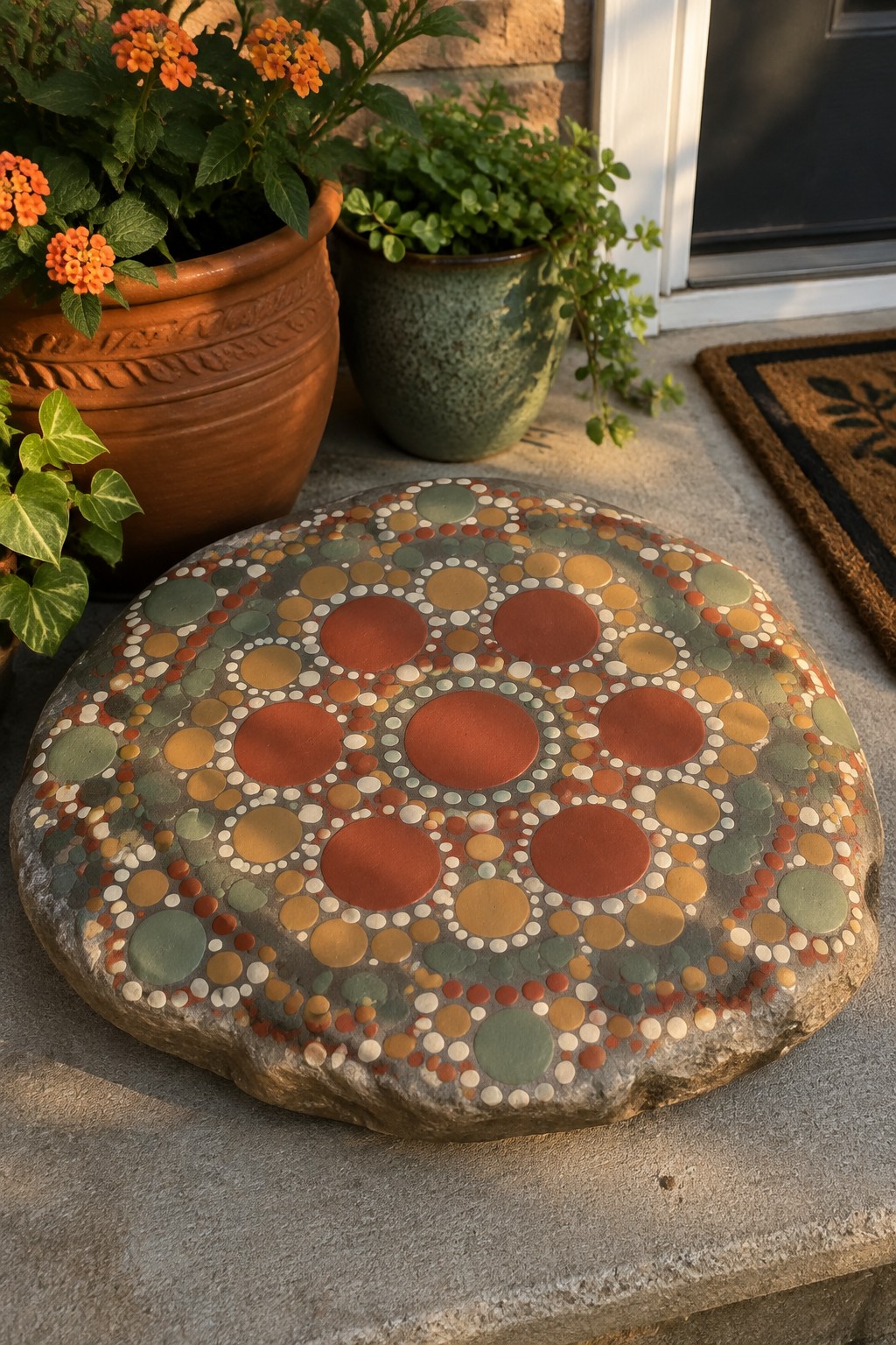 Colorful mosaic stepping stone with concentric red and orange circles amid potted plants