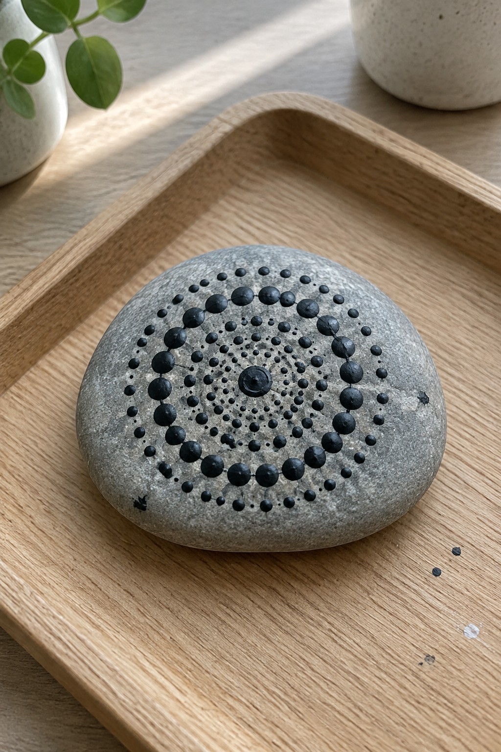 Gray stone with black concentric dot circles on wooden tray