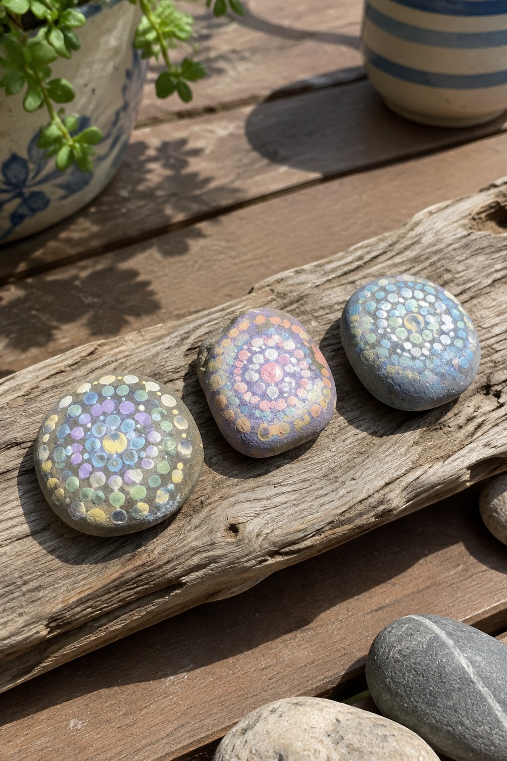 Three pastel-dotted rocks on weathered driftwood near potted plants.