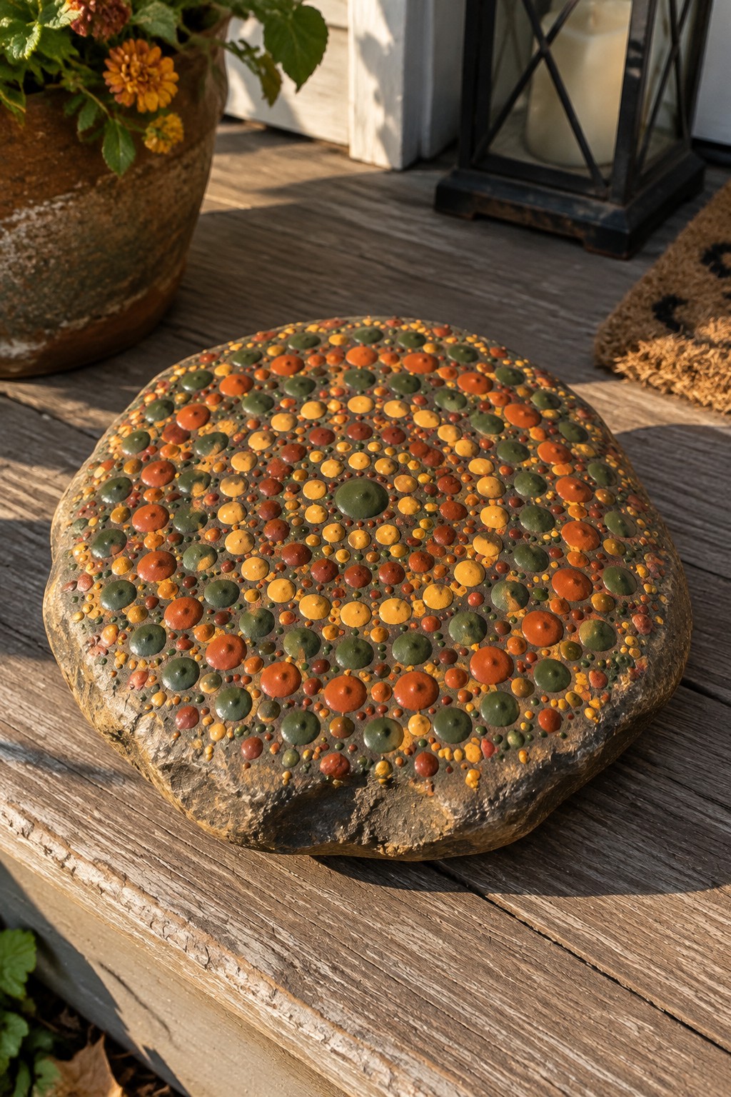 Decorated stone with vibrant dot patterns on wooden deck near flower pot and lantern