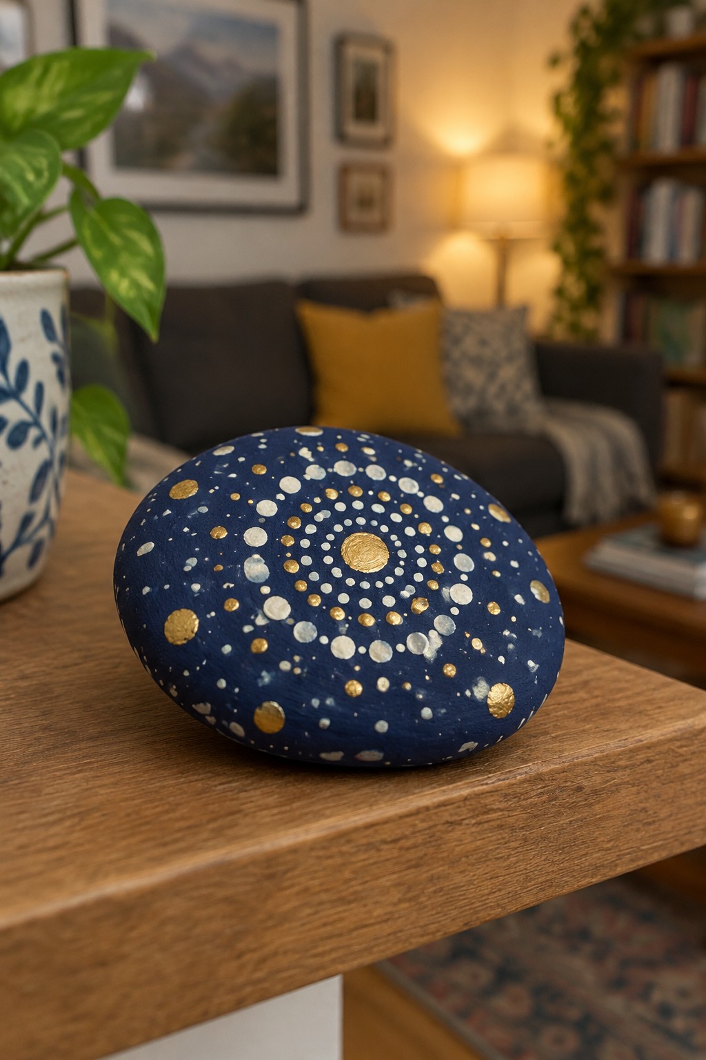 Painted navy blue rock with white and gold speckles on wooden table
