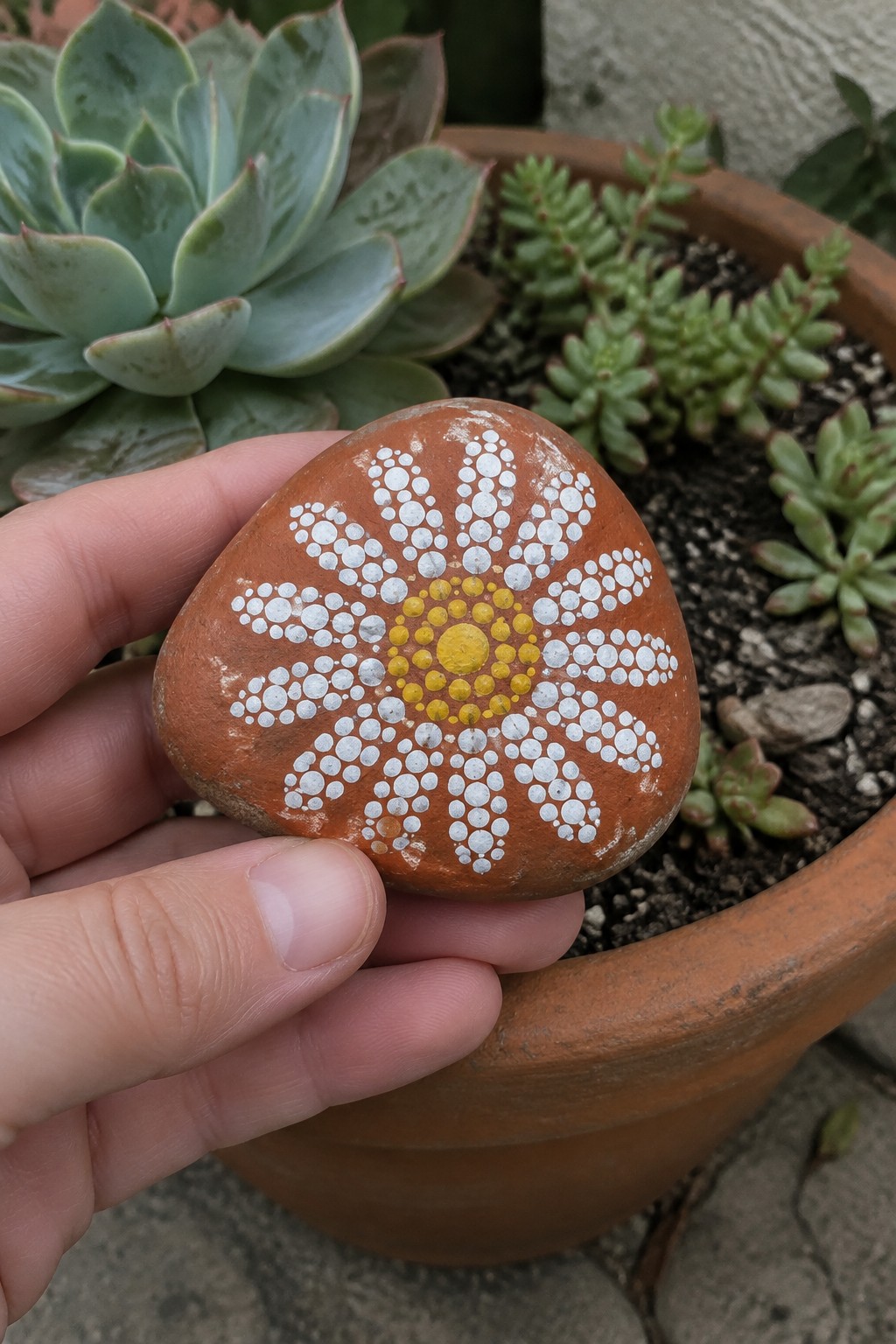 Hand holding reddish rock painted with white dotted daisy and yellow center among succulents