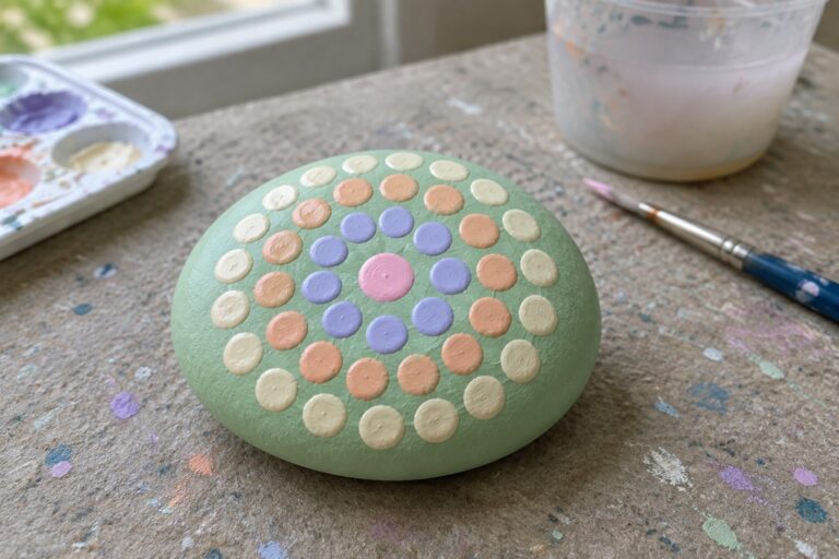 Green rock with concentric circles of pastel white peach purple pink dots on paint table