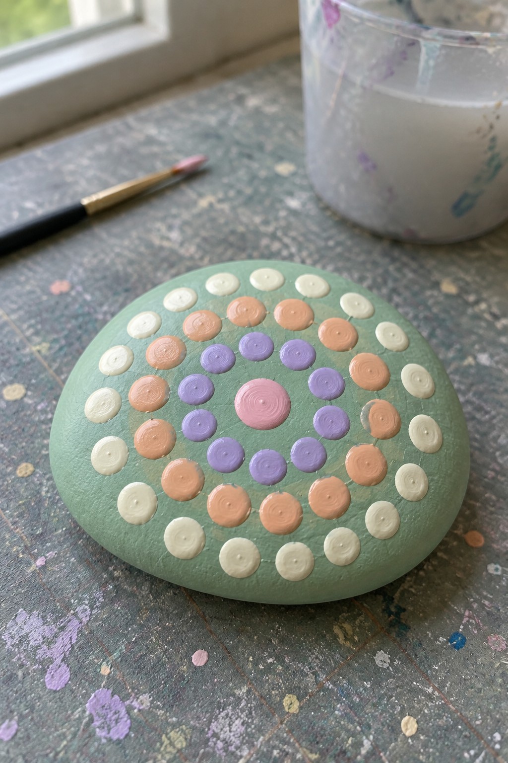 Green rock with concentric circles of pastel white peach purple pink dots on paint table