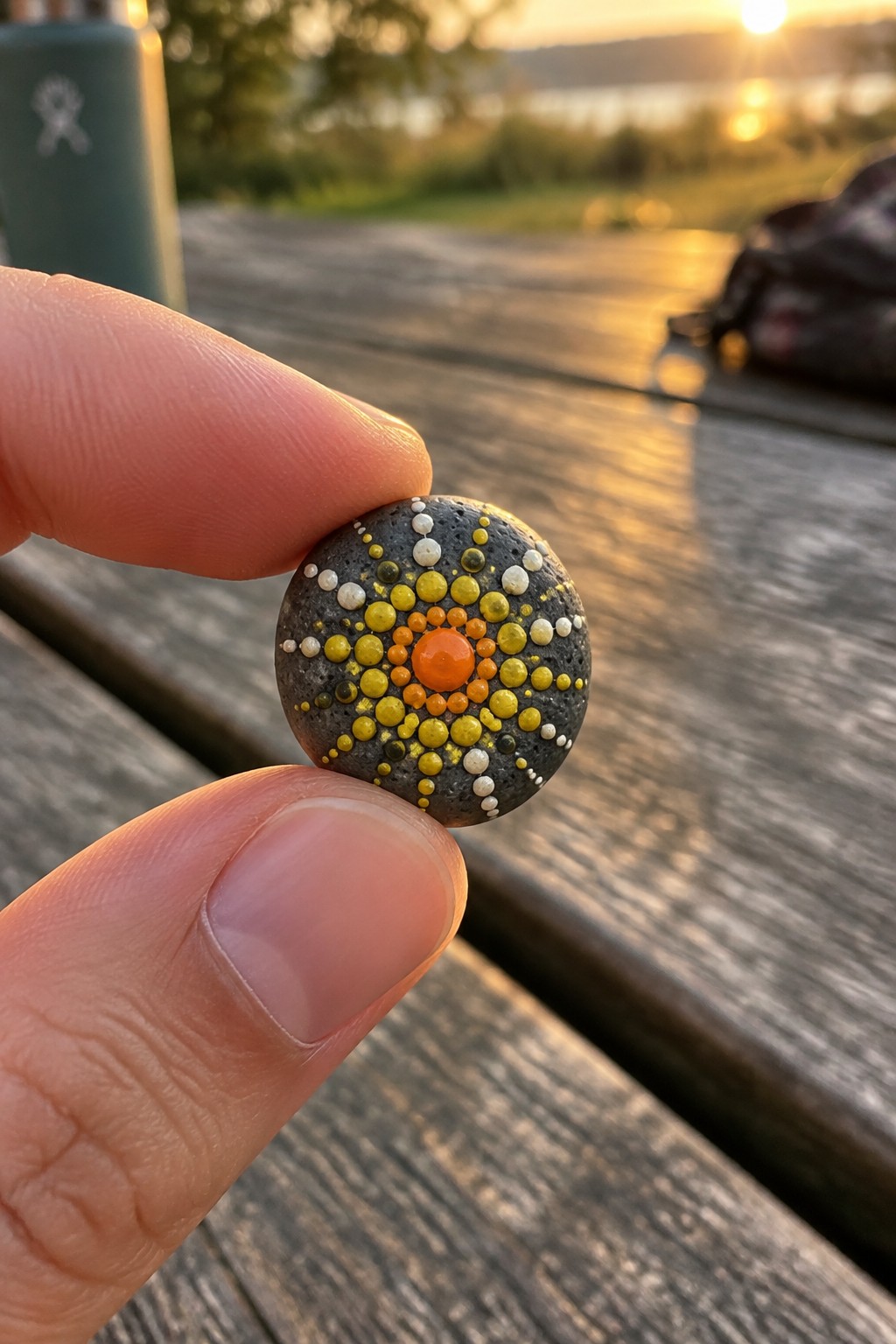 Hand holding a round gray stone with colorful orange yellow dotted sun pattern