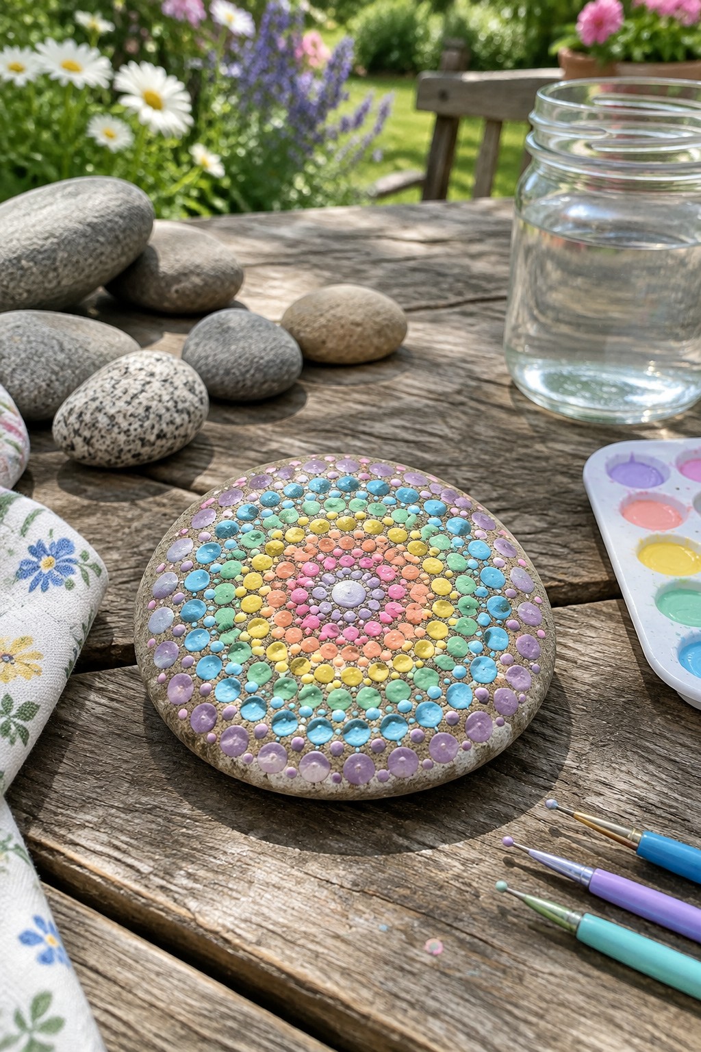 Colorful dotted mandala painted on stone amid art supplies on garden table