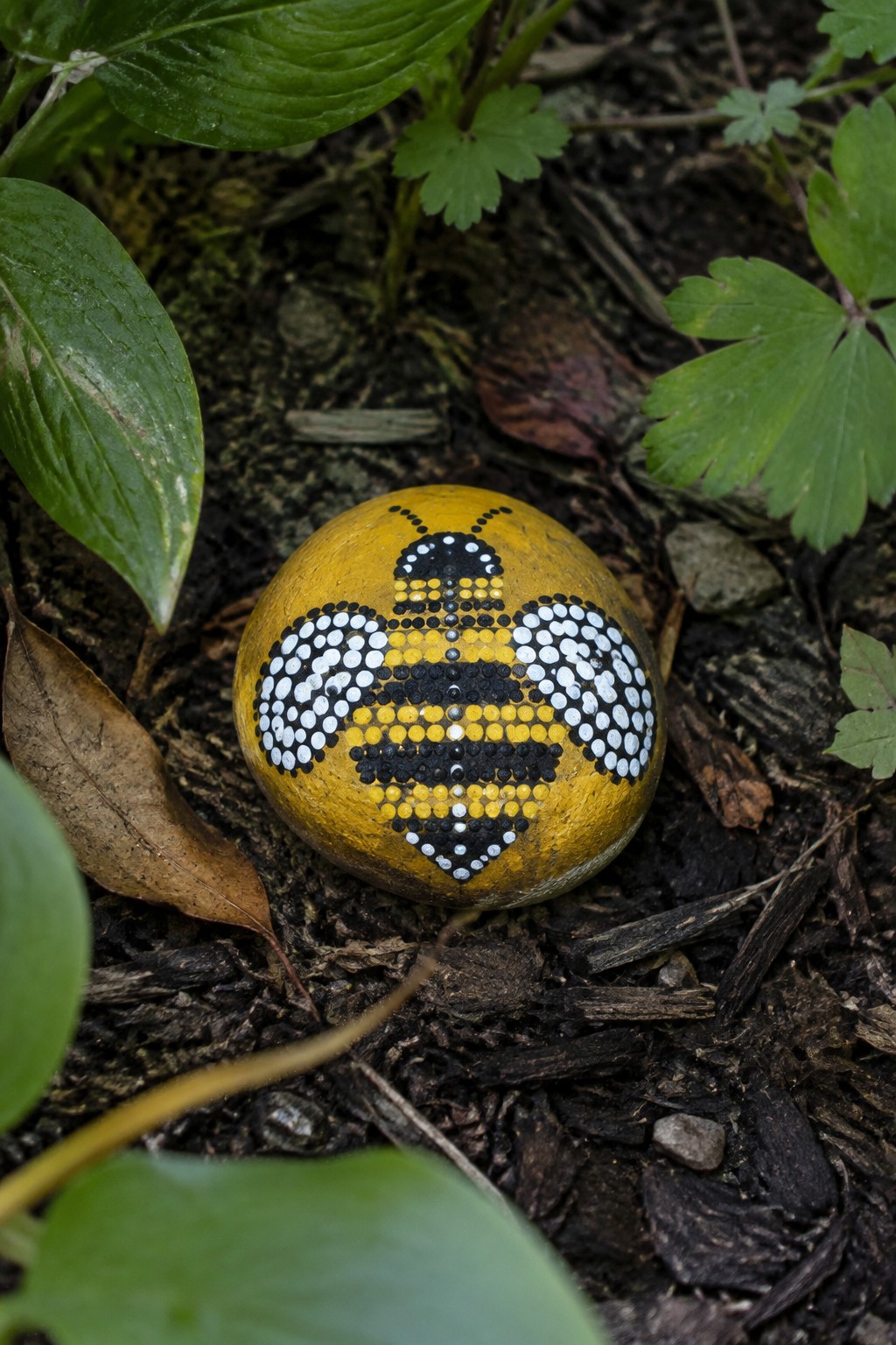 Yellow rock with black-and-white dotted bumblebee design on leafy forest floor