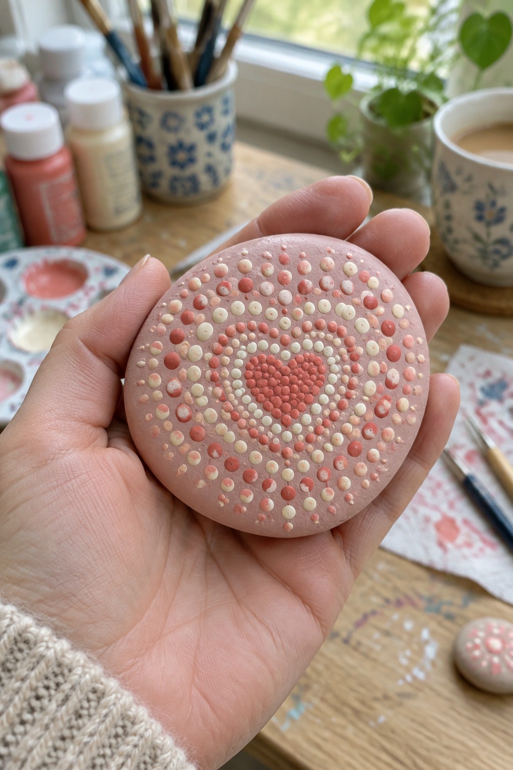 Hand in knit sleeve holding pink stone with dotted heart design