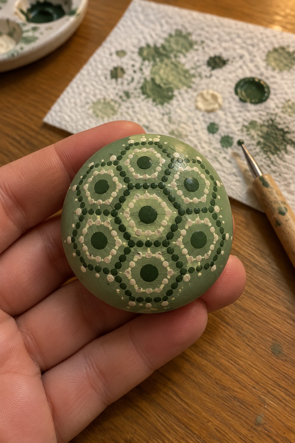 Hand holding light green stone with dark green and white dotted mandala patterns.