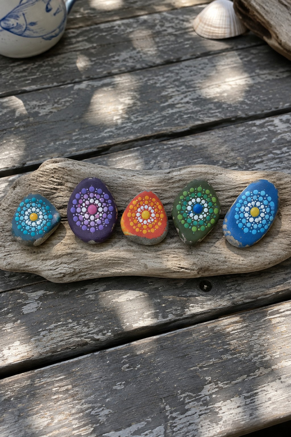 Five colorful painted rocks with dot mandalas on weathered driftwood over wooden planks.