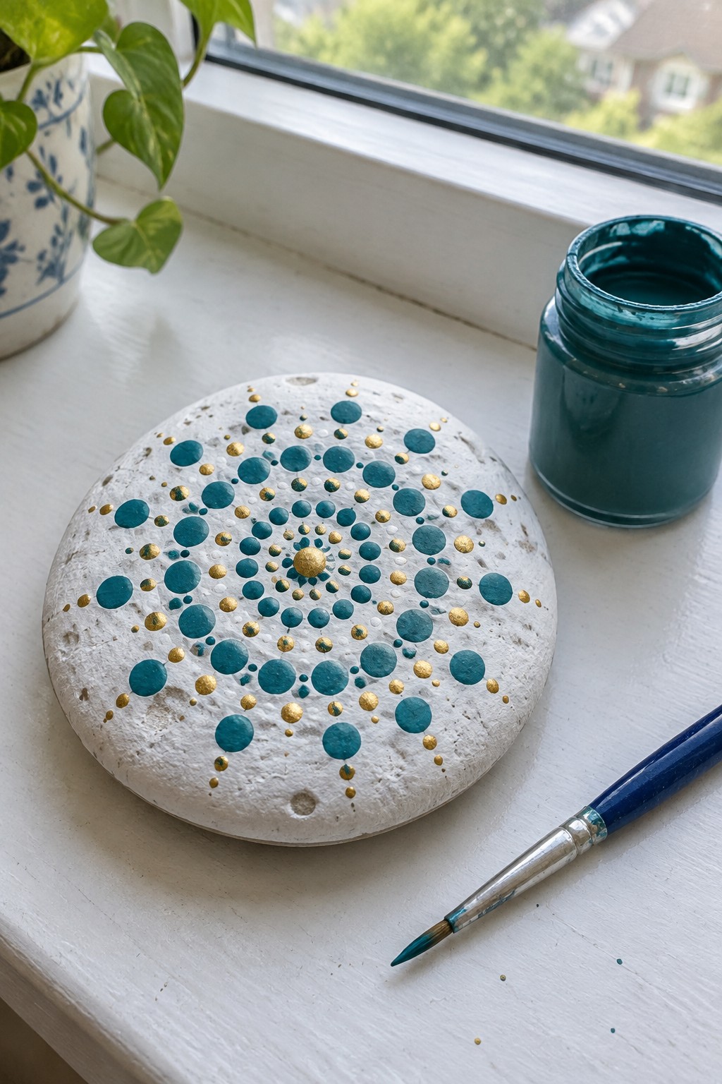 Painted stone with teal gold mandala dots beside paint jar and brush on windowsill
