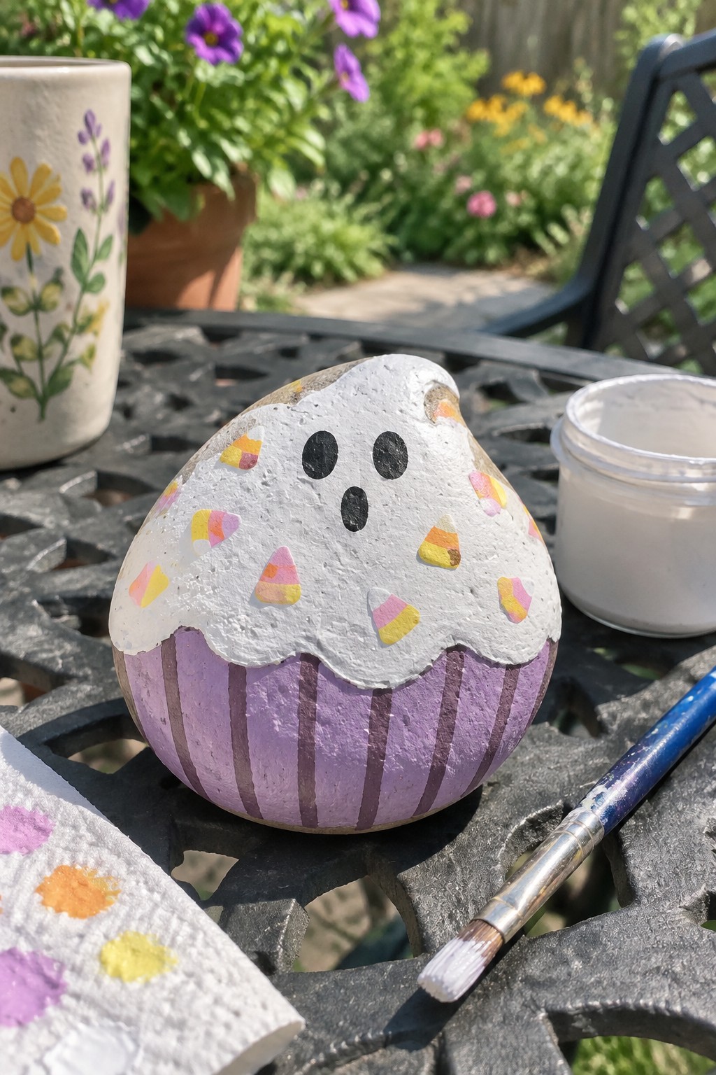 Painted rock as purple cupcake with white ghost face and candy corns on table