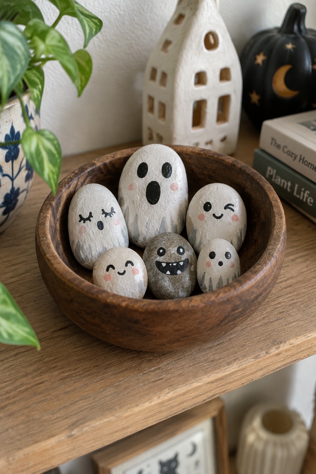 Several small rounded stones painted as ghosts with cute faces sit in a wooden bowl surrounded by fall decor.