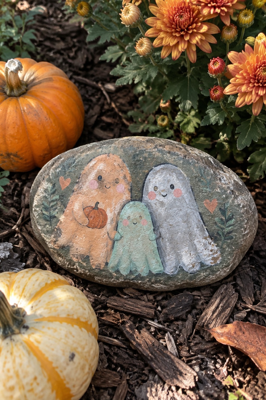 Painted rock with three cute ghosts amid pumpkins and orange chrysanthemums in a garden.
