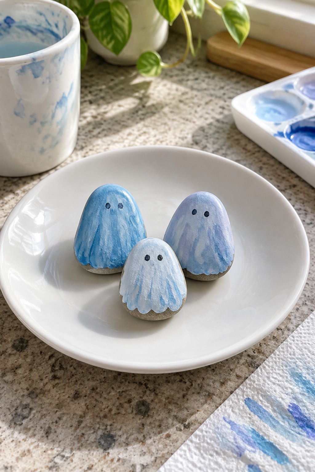 Three blue watercolor ghost rocks on a white plate with art supplies nearby.