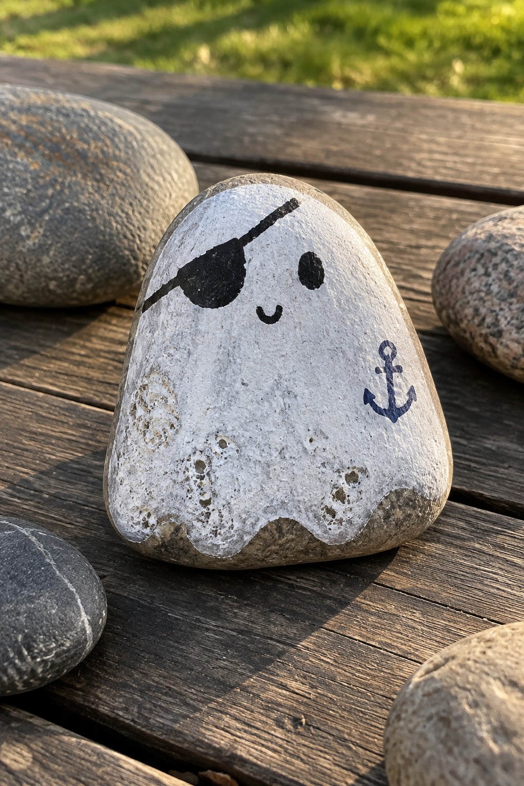 Painted white rock with black pirate eyepatch, smile, and blue anchor on wood