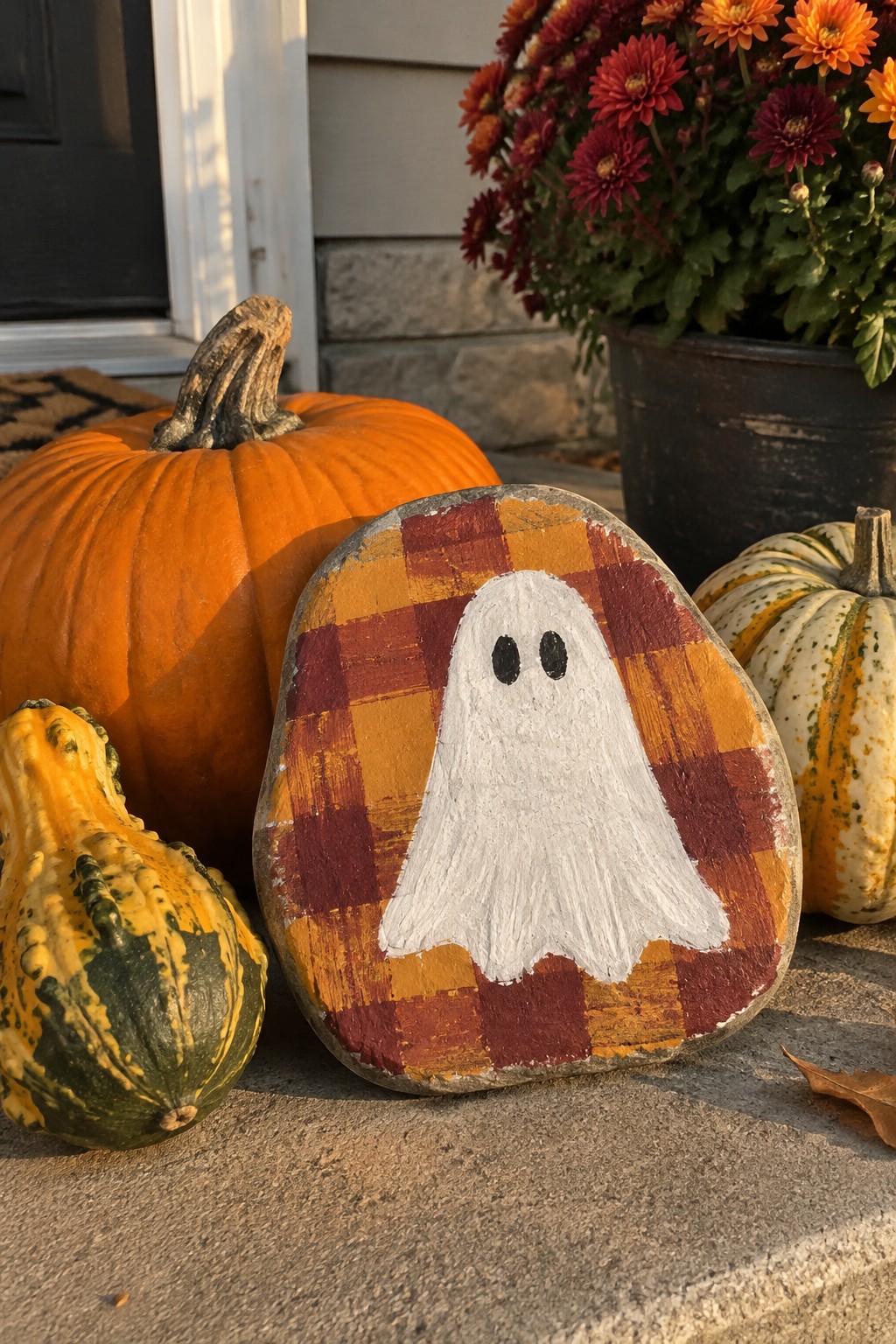 Painted ghost on plaid rock amid pumpkins, gourds, and flowers on steps.