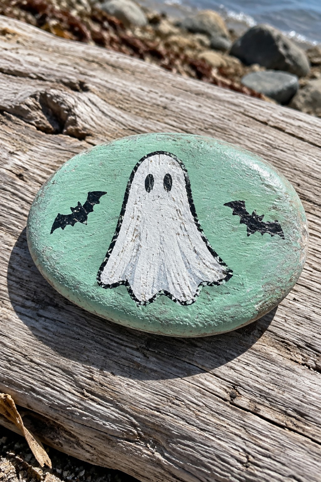 Light green rock painted with white ghost and black bats on driftwood beach