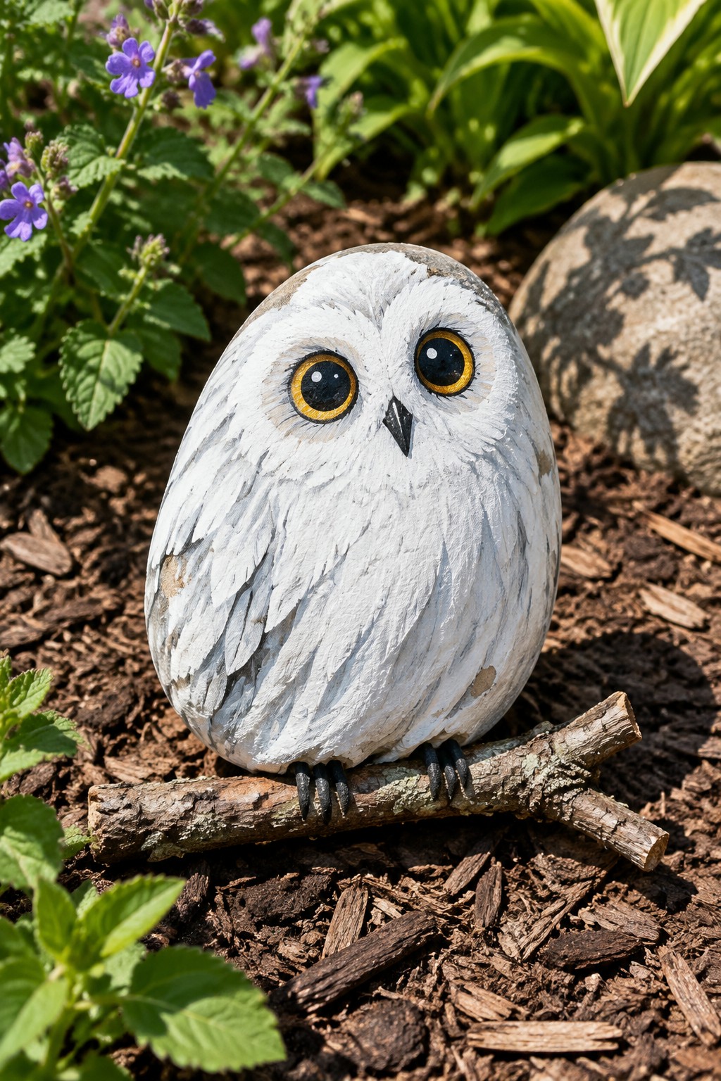White painted rock owl with yellow eyes perched on twig in garden mulch