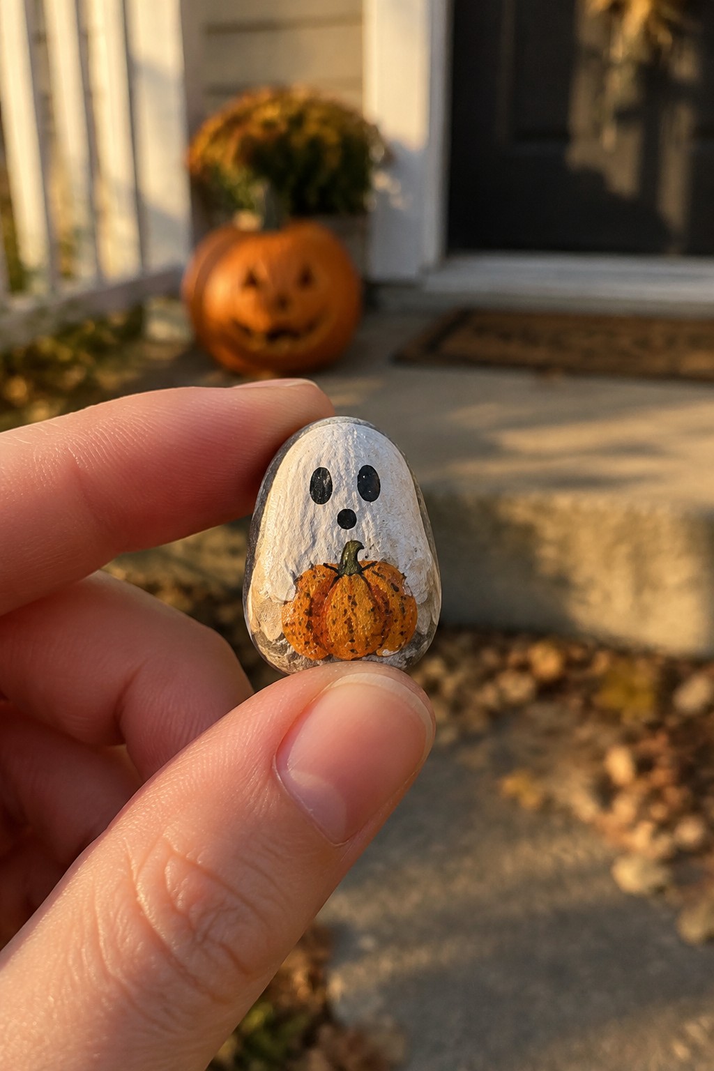 A hand holds a small oval rock painted white as a ghost with black eyes and mouth, plus an orange pumpkin at the bottom.